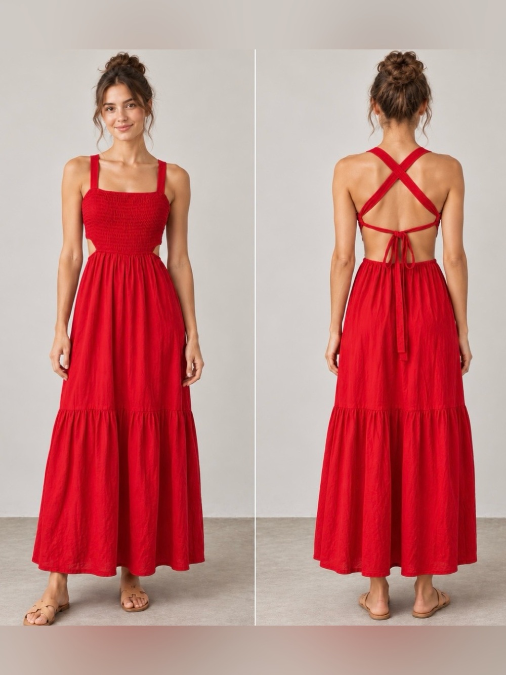 Altar’d State Red Smocked Cutout Tiered Maxi Dress XS